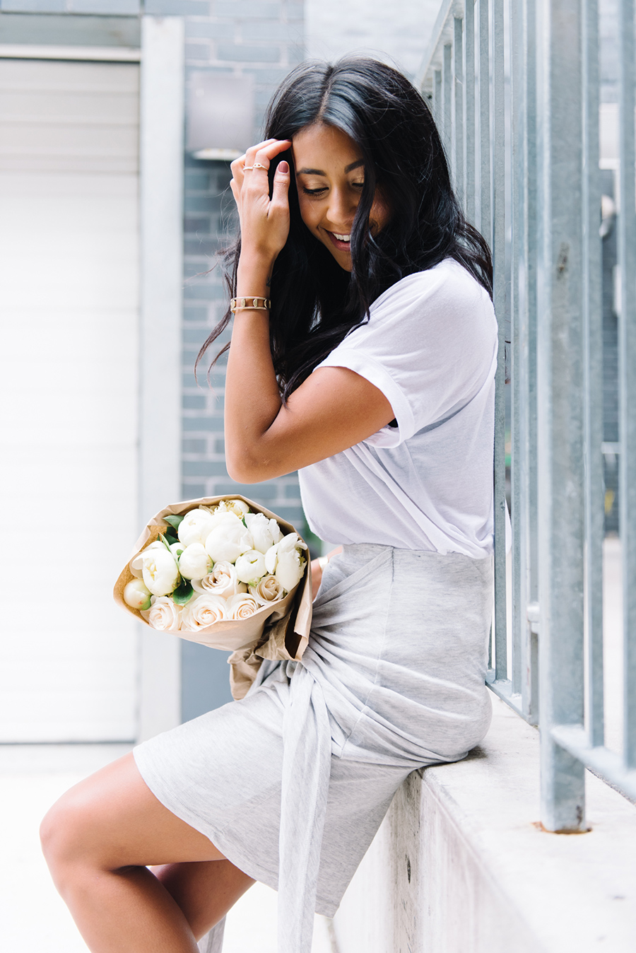 the fifth discovery skirt white isabel marant sneakers roses peonies bouquet flowers white pretty model outfit style inspiration streetdstyle not your standard blog kayla seah