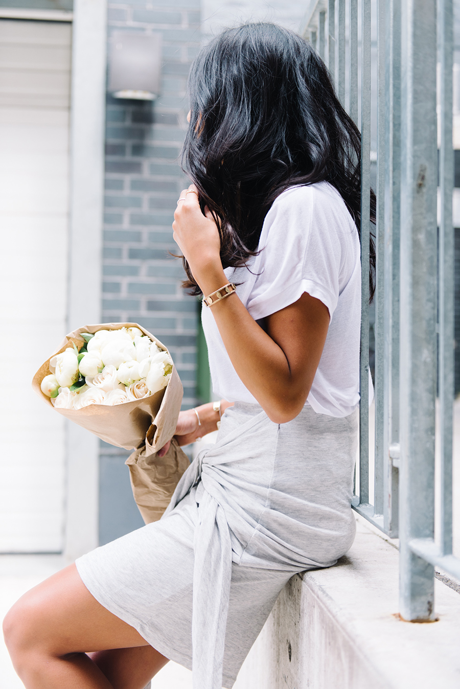 the fifth discovery skirt white isabel marant sneakers roses peonies bouquet flowers white pretty model outfit style inspiration streetdstyle not your standard blog kayla seah