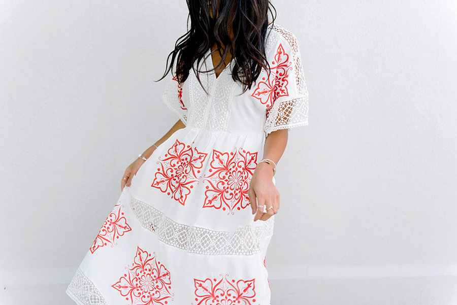 vacation dress white red ASOS PREMIUM Cutwork Midi Dress with Red Embroidery greece blogger gladiator sandals not your standard fashion outfit summer kayla seah