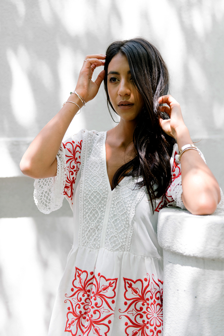vacation dress white red ASOS PREMIUM Cutwork Midi Dress with Red Embroidery greece blogger gladiator sandals not your standard fashion outfit summer kayla seah