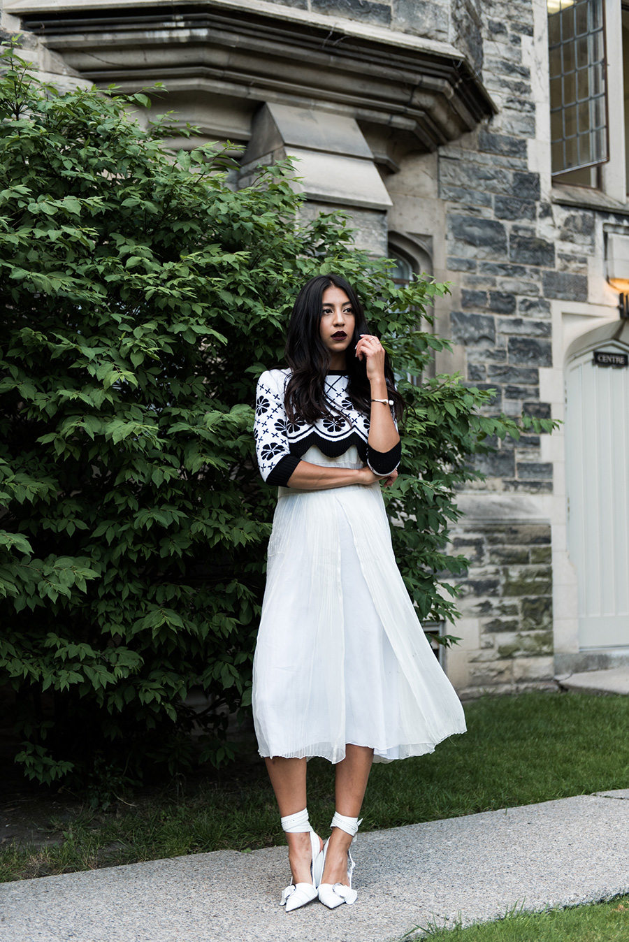 dior spring summer 2016 white sheer dress cropped knit sweater ankle wrap heels white not your standard model kayla seah fashion style editorial beautiful casa loma castle photography blogger not your standard