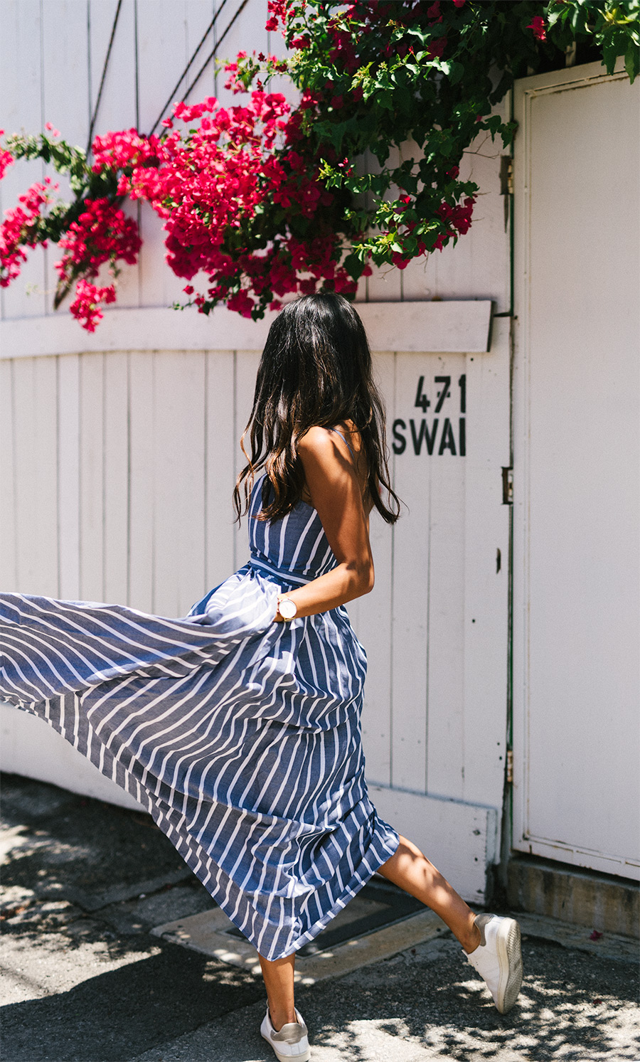 fame partners stripe nora dress los angeles photography spots flowers pretty locations travel blogger kayla seah style not your standard