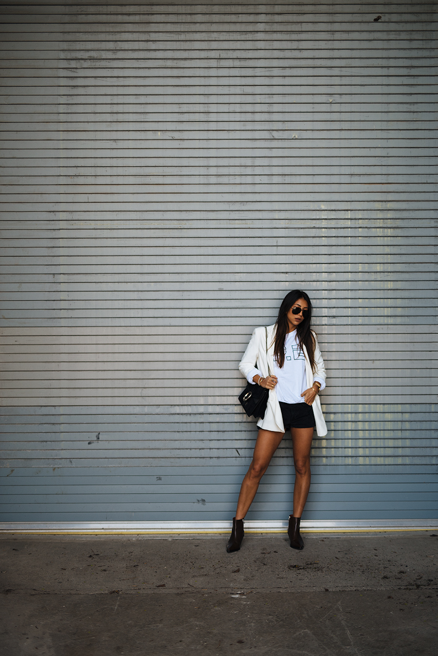 white blazer outfit ideas black shorts sweater sweatshirt how to wear acne pistol boots pointed boots best boots not your standard blogger style blog kayla seah pretty hair girl black denim shorts one teaspoon white blazer, p.e nation white sweatshirt and gucci dinoysus suede bag large