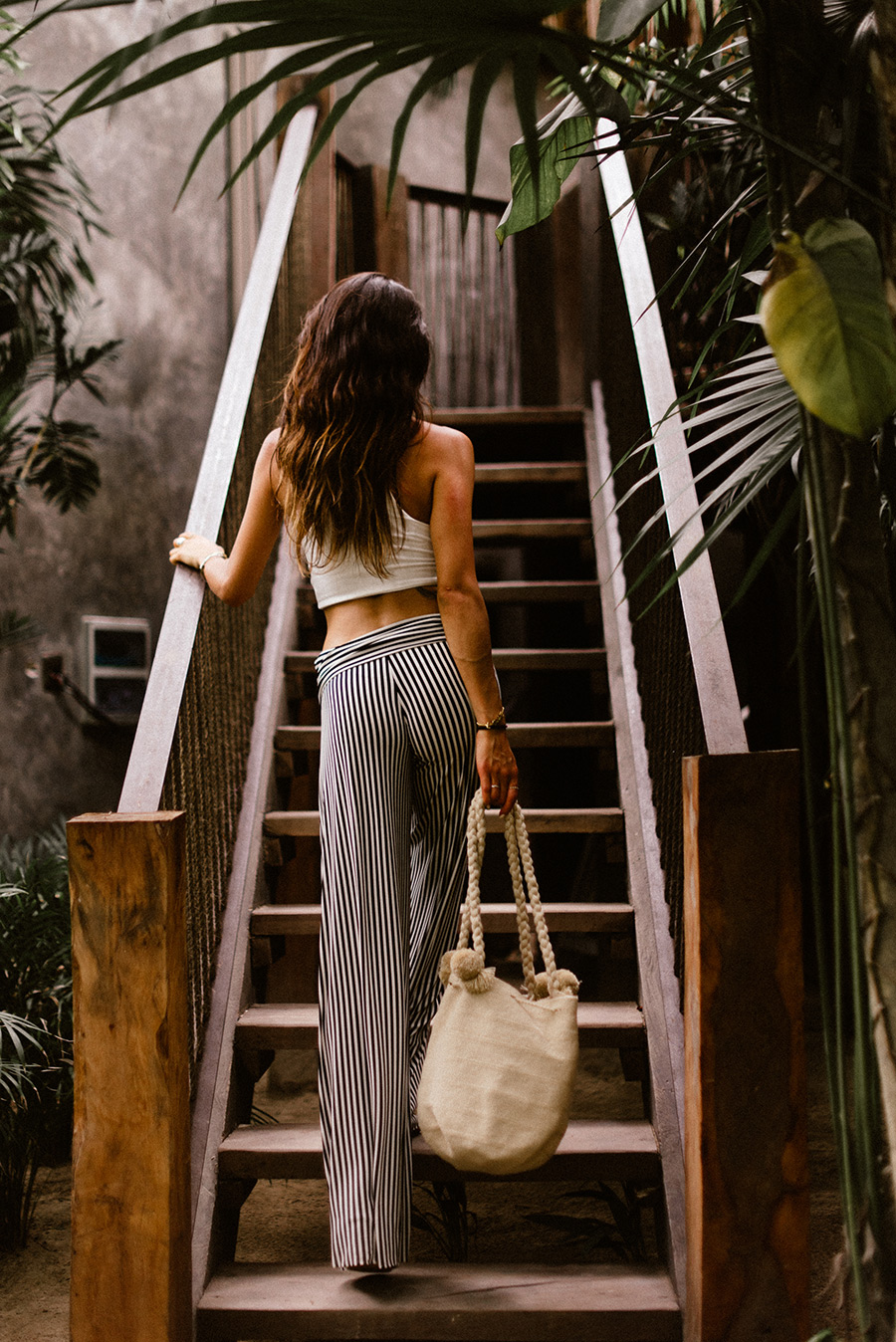 NORMA KAMALI Striped stretch-jersey wide-leg pants tulum mexico travel guide beach bag blogger blog be tulum cancun not your standard travel blogger kayla seah crop top