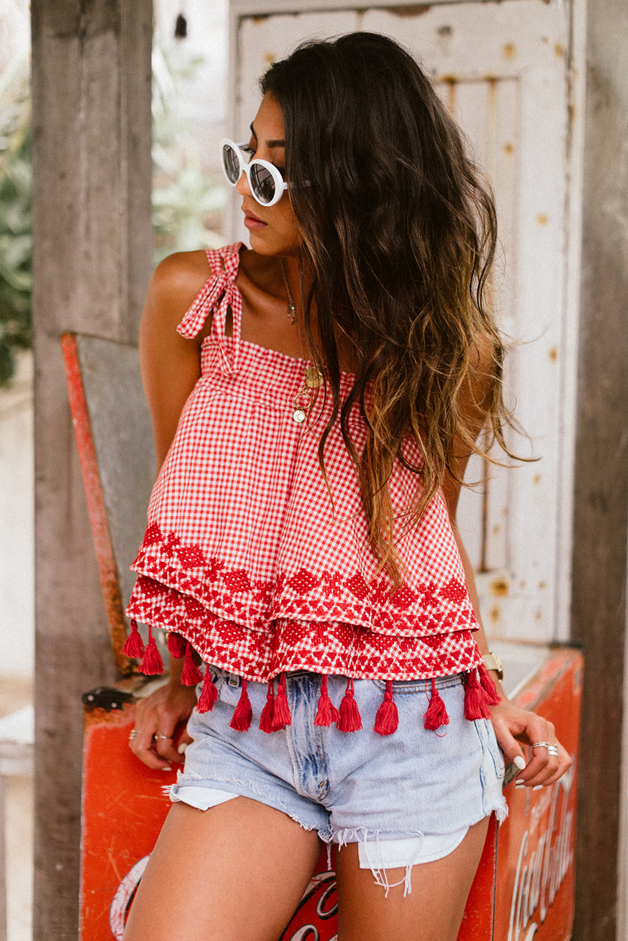 red gingham free people top vintage levi shorts beach girl model blogger beach hair beach waves white sunglasses tulum not your standard travel blog blogger fashion style outfit shop