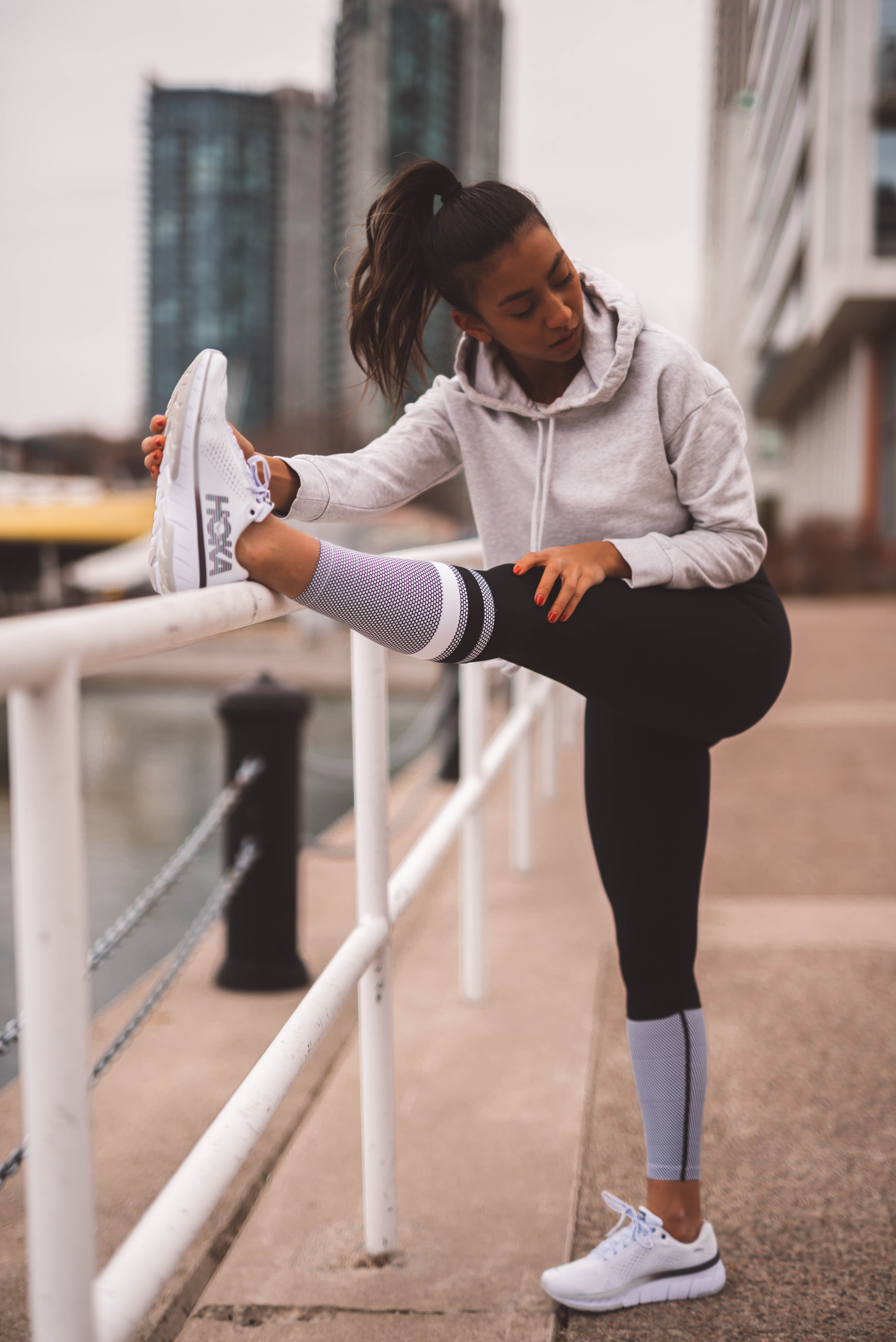hoka sneakers running shoes runners support cushion best performance athletic sports healthy body health tips girl body fit fitness blogger kayla seah review cava hoka sneaker fly collection water not your standard cropped hoodie lilybod zoe leggings